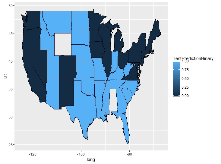 States according to our binary predictions. Light blue represents Republican