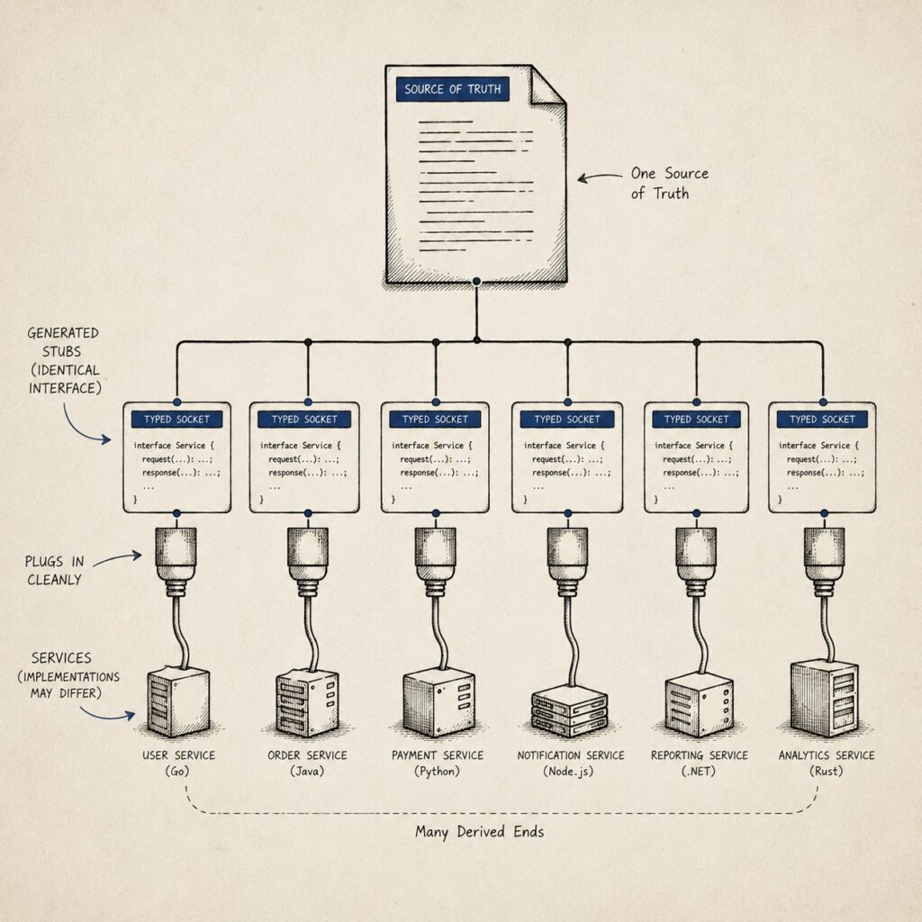 One schema branching into identical typed sockets plugged into several services: gRPC code generation from a single contract.