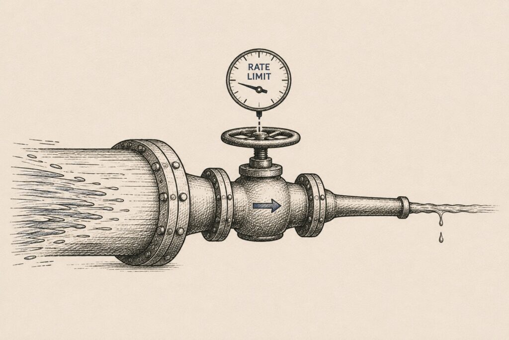 A valve metering flow between a fast wide pipe and a slow narrow one, showing backpressure governing producer and consumer.