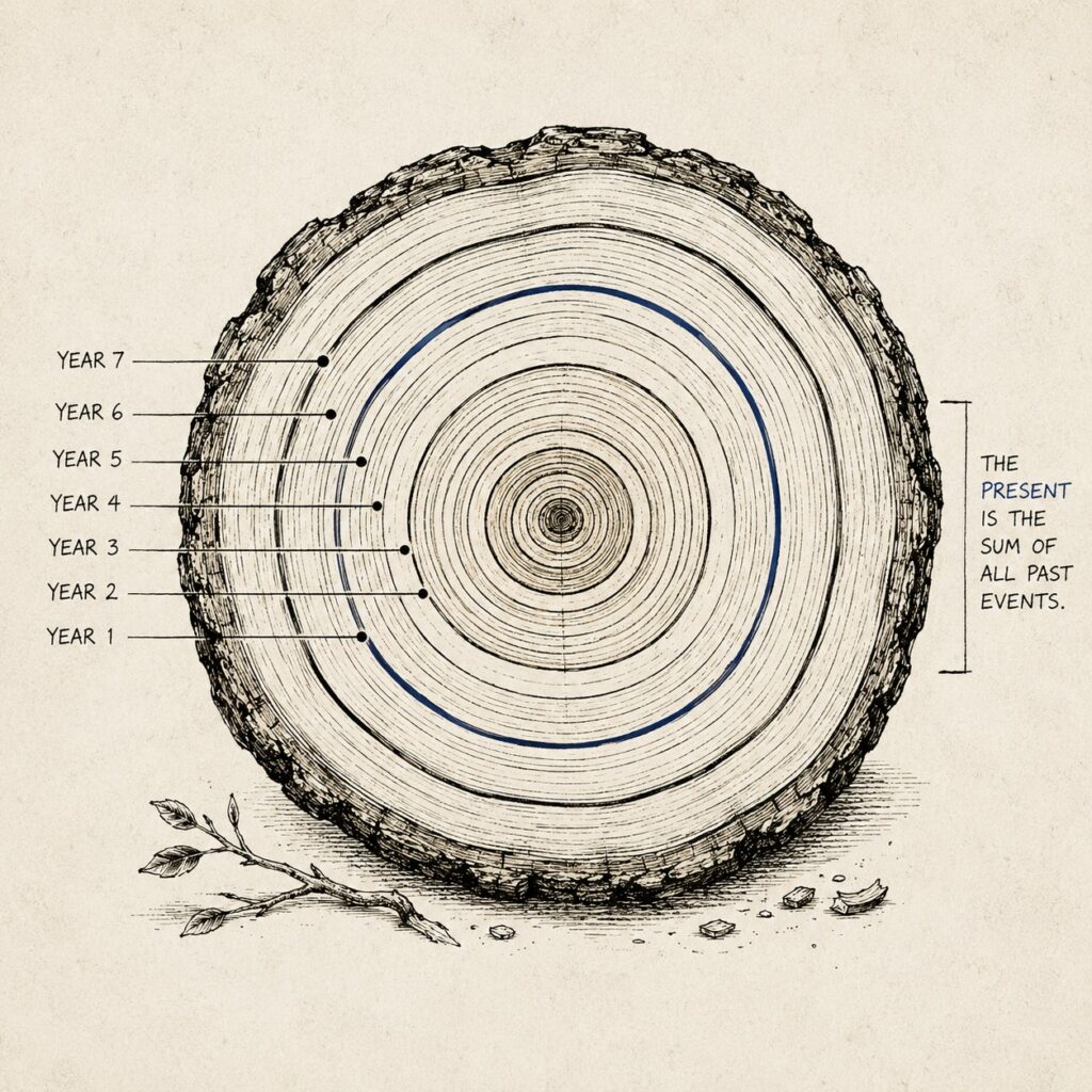 Concentric tree growth rings spreading outward, a symbol of event sourcing: history is preserved layer by layer and the present state is derived from all of it.