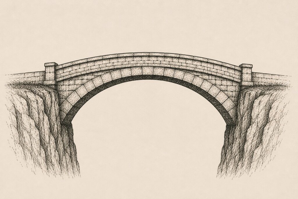 Rust for JVM engineers: an arch bridge with no safety net below, memory safety held by ownership, not a garbage collector.