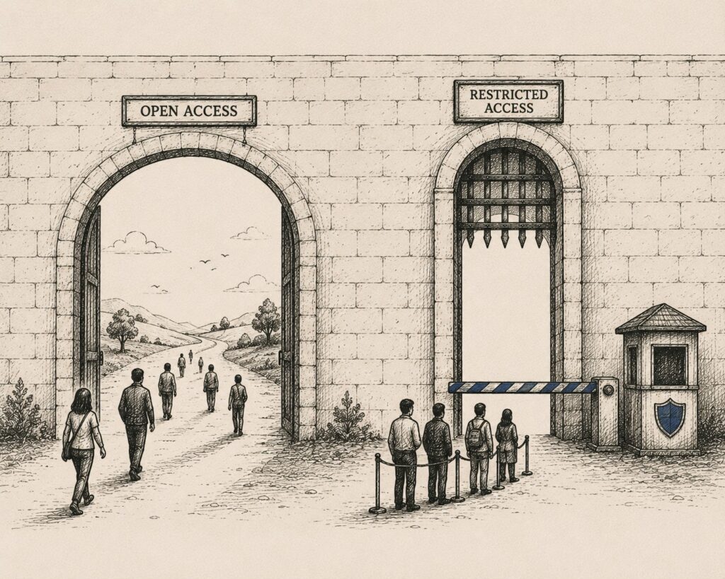 Two doorways in one wall: one open and busy, one gated with a checkpoint, illustrating AI agent adoption gated by governance.