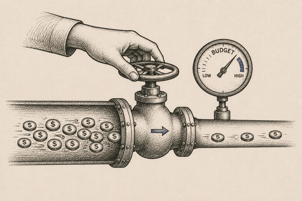 A valve metering a stream of token-coins by a budget gauge, showing agent cost as a real-time scheduling decision.
