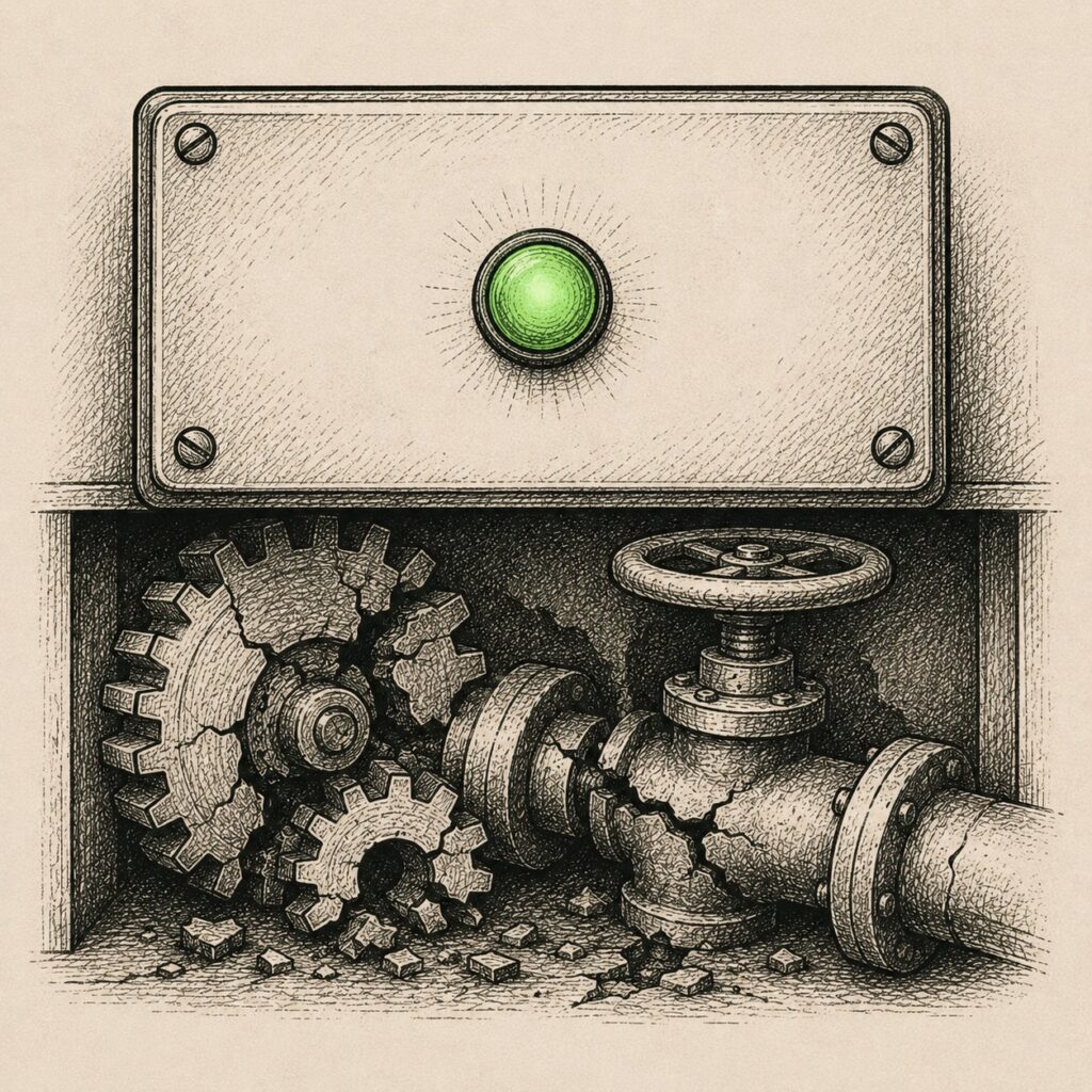 A green status light lit over a visibly seized machine, a system's self-report diverging from its observed state.