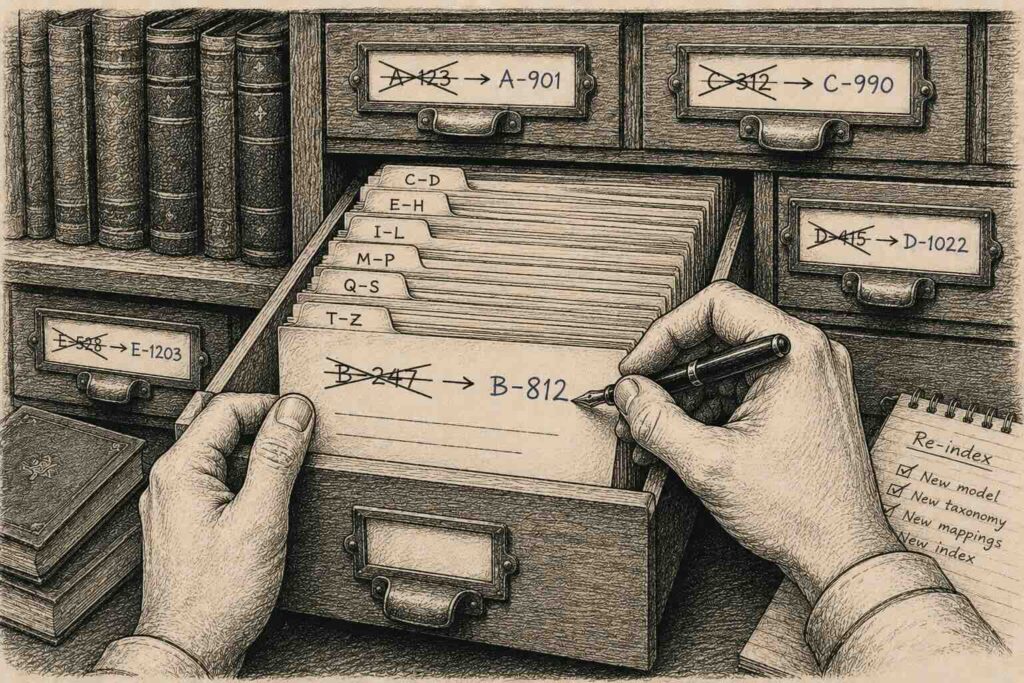 A library card catalog being re-indexed by hand, the books unchanged, evoking how changing an embedding model forces re-indexing every vector.