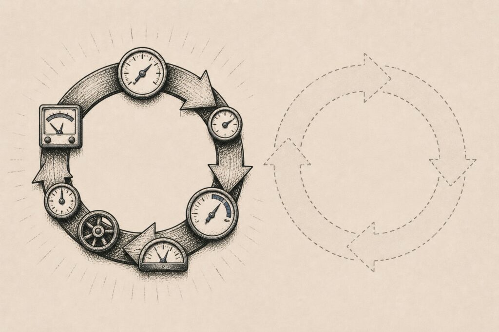 Two feedback loops side by side, one brightly instrumented and one left dark, a brand watching only the loop it can measure.