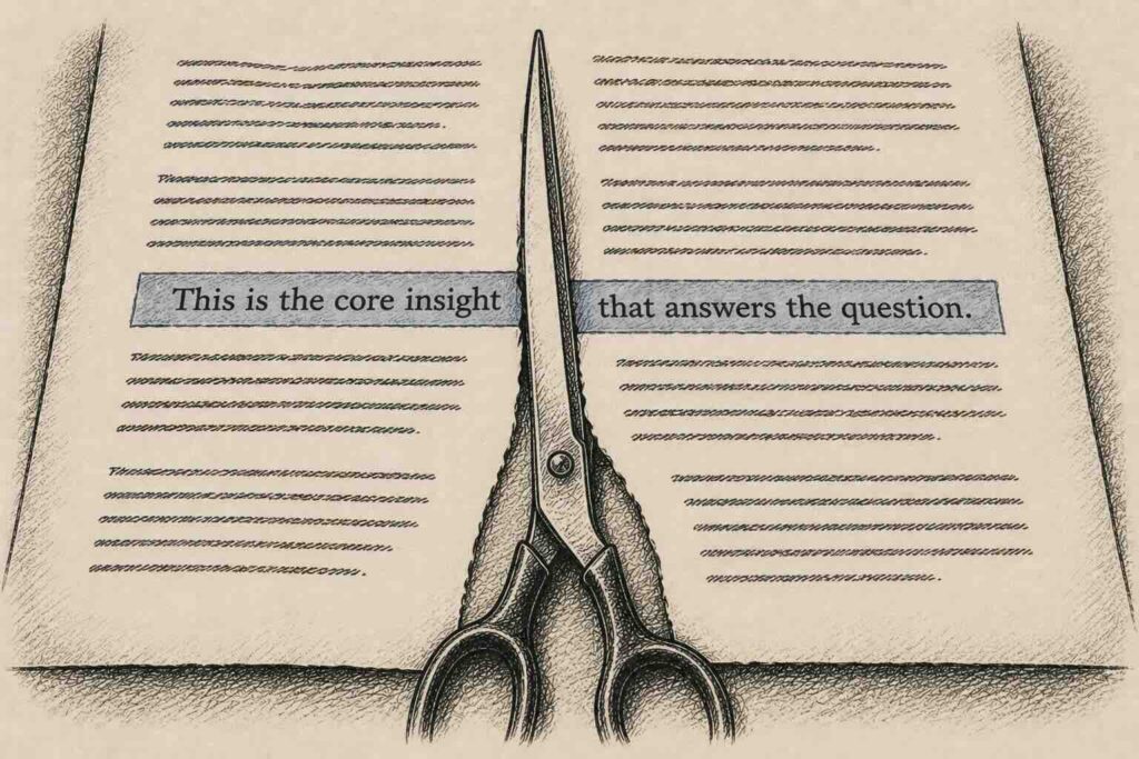 A highlighted sentence sliced in half by scissors cutting across a page, evoking how RAG chunking severs meaning at the boundary.