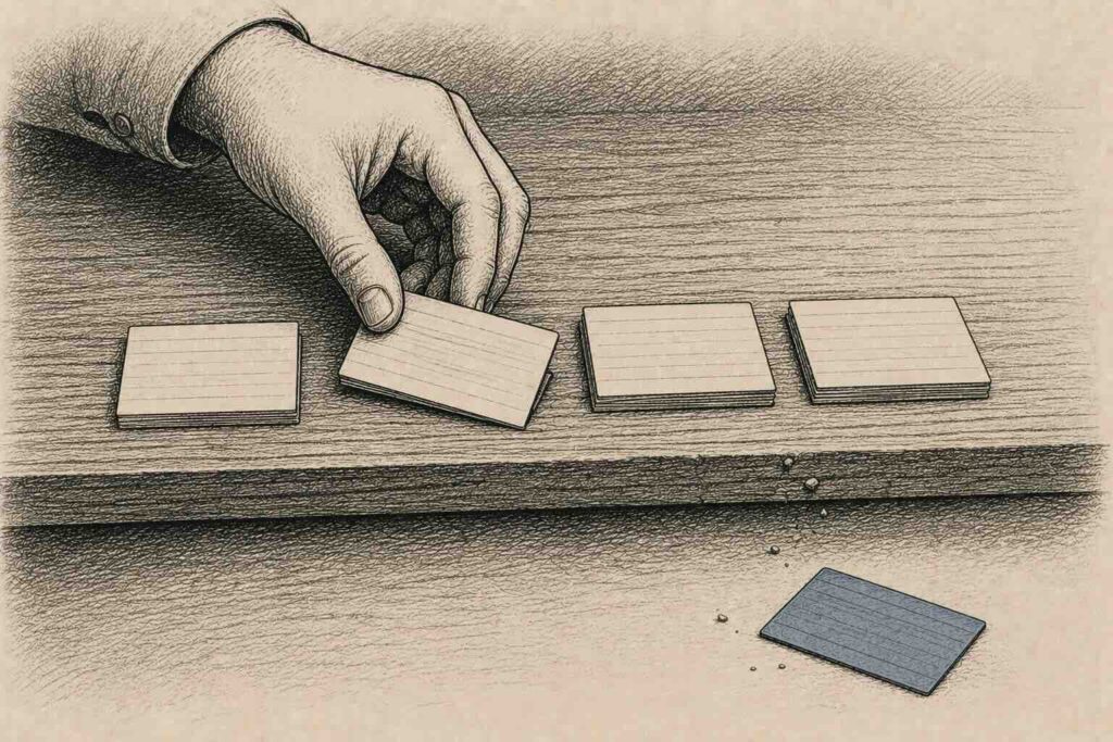 A hand reorders a stack of cards on a table while the one that mattered lies off the edge out of reach, evoking RAG reranking's recall ceiling.