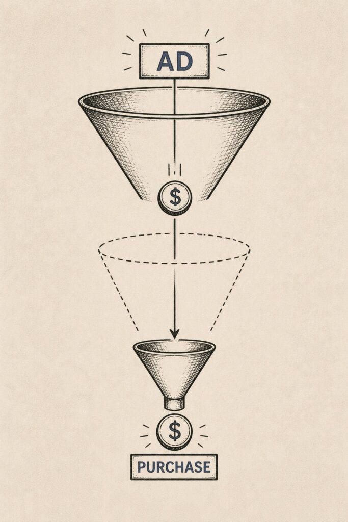 A funnel with its middle missing as a token drops through, showing agentic commerce weakening observable attribution.