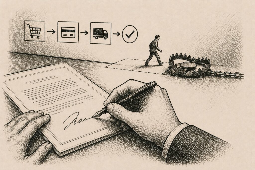 A hand signing a compliance document while, unseen behind, the real checkout flow still springs a trap on a small figure.