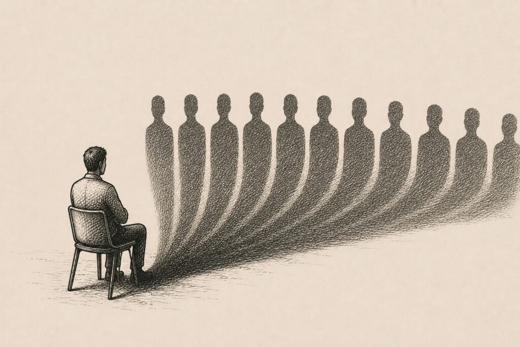 A single figure whose shadow fans into a crowd of identical silhouettes, synthetic respondents as one model projecting many.
