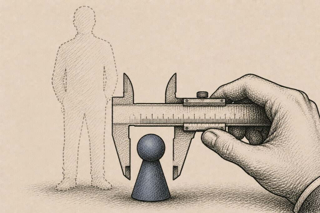 A caliper measuring a small agent token while the human it replaced is only a faint outline behind it.