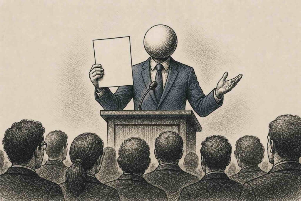 A poised figure reading confidently from a blank sheet of paper, evoking fluent but hollow output from a silent failure.