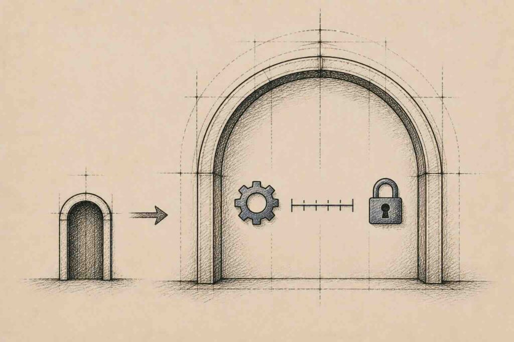 A small doorway being redrawn as a wide arch enclosing a gear, a ledger, and a lock, showing an agent API widening into a runtime contract.